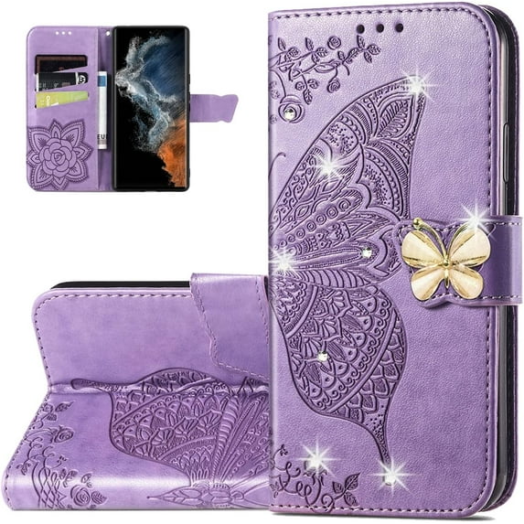 Wallet Case for Samsung Galaxy S23 Ultra,3D Butterfly Pattern PU Leather Flip Phone Case with Magnetic Clasp and Cash Card Slots Holster for Galaxy S23 Ultra,HZD Rhinestone Light Purple