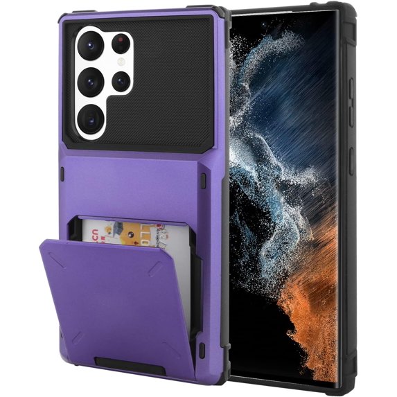Wallet Case for Samsung Galaxy S23 Ultra Case with 4-Card Credit Card Holder Slot Shockproof Cover Hybrid Heavy Duty Protection Armor Phone Case-Purple