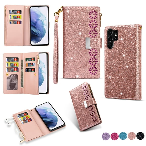 Wallet Case for Samsung Galaxy S23 Ultra 5G, Glitter Bling Flip Folio Leather Protective Magnetic Stand Zipper Purse Phone Cover with Card Slot Holder Wrist Strap for Women, Rosegold