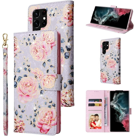 Wallet Case for Samsung Galaxy S23 Ultra 5G, PU Leather Phone Case Kickstand RFID Blocking Flip Case Card Slots Wrist Strap Relief Engraved Pattern Magnetic Closure Folio Case - Purple Rose