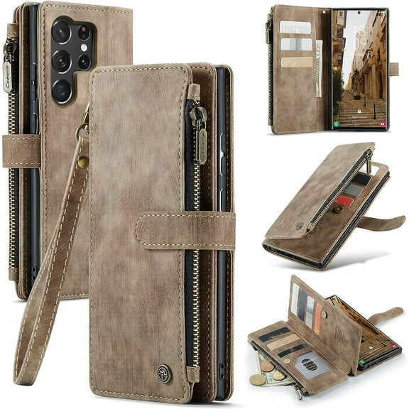 Wallet Case for Samsung Galaxy S23 Ultra 5G, Premium Handmade PU Leather Phone Case Card Slots Magnetic Closure Zipper Pocket Kickstand Flip Case with Hand Strap - Vintage Brown