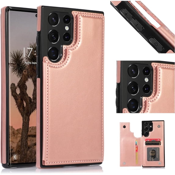 Wallet Case for Samsung Galaxy S23 Ultra 5G, Slim PU Leather Case with Card Slots Kickstand Magnetic Clasp Durable Shockproof Flip Folio Cover - Rose Gold