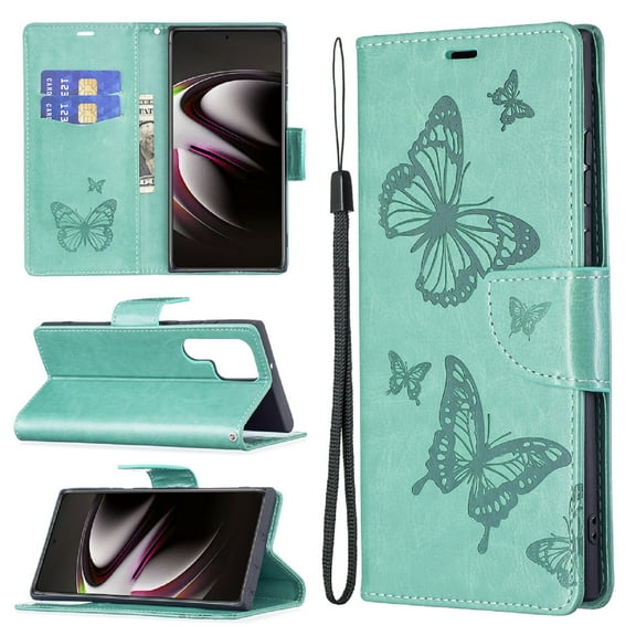 Wallet Case for Samsung Galaxy S23 Ultra, Butterflies Pattern Luxury PU Leather Card Slots Holder Magnetic Flip Folio Cover with Kickstand Soft Silicone Shockproof Protective Case,Green