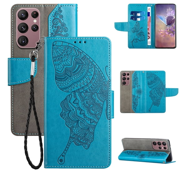Wallet Case for Samsung Galaxy S23 Ultra, Butterfly Embossed Pattern Luxury PU Leather Magnetic Flip Folio Cover with Card Slots Holder Kickstand Wrist Strap Soft Silicone Shockproof Case,Blue