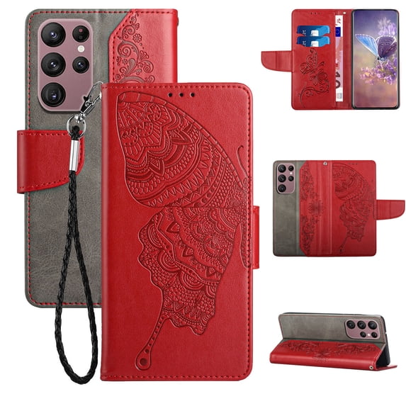 Wallet Case for Samsung Galaxy S23 Ultra, Butterfly Embossed Pattern Luxury PU Leather Magnetic Flip Folio Cover with Card Slots Holder Kickstand Wrist Strap Soft Silicone Shockproof Case,Red