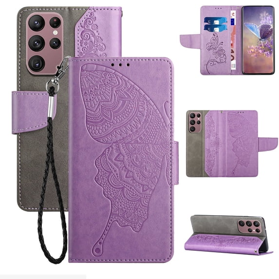 Wallet Case for Samsung Galaxy S23 Ultra, Butterfly Embossed Pattern Luxury PU Leather Magnetic Flip Folio Cover with Card Slots Holder Kickstand Wrist Strap Soft Silicone Shockproof Case,Purple
