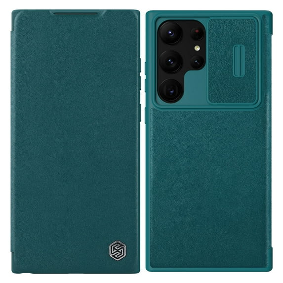Wallet Case for Samsung Galaxy S23 Ultra with Camera Lens Sliding Cover Card Slots Holder, Premium PU Leather Shockproof Anti-Scratch Lens Protection Flip Folio Case for Galaxy S23 Ultra, Green