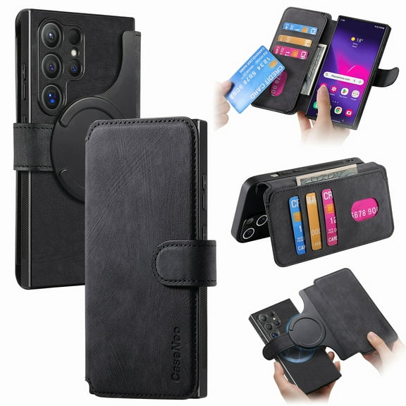 Wallet Case for Samsung Galaxy S23 Ultra Cash Credit Pocket Card Slots Holder Folio Flip Shockproof Full Coverage Detachable Magnetic Cover [Compatible with Magsafe] Kickstand, Black