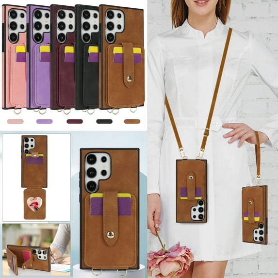 Wallet Case for Samsung Galaxy S23 Ultra, with Detachable Hand Wrist & Lanyard & Make-up Mirror Stand Feature PU Leather Drop Protection Cards Holder Phone Cover for Samsung Galaxy S23 Ultra,Brown