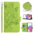 thumbnail image 1 of Wallet Case for Samsung Galaxy S23 Ultra, Embossed Flower PU Leather Flip Protective Wrist Strap Shoulder Strap RFID Blocking Card Slots Holder Pocket Stand Case for Women Girls, Green, 1 of 9