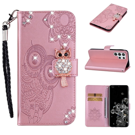 Wallet Case for Samsung Galaxy S23 Ultra, Embossed Owl Bling Diamond Premium PU Leather [Folio Flip][Kickstand][Card Slots][Wrist Strap][Kickstand]Phone Cover for Samsung Galaxy S23 Ultra, Rosegold