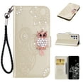 thumbnail image 1 of Wallet Case for Samsung Galaxy S23 Ultra, Embossed Owl Bling Diamond Premium PU Leather [Folio Flip][Kickstand][Card Slots][Wrist Strap][Kickstand]Phone Cover for Samsung Galaxy S23 Ultra, Gold, 1 of 7