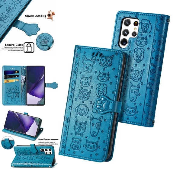 Wallet Case for Samsung Galaxy S23 Ultra, Lovely Cute Cat Dog Embossed Pattern Cartoon PU Leather Flip Folio Cover with Card Slots Cash Holder Kickstand Magnetic Secure Clasp Shockproof Case,Blue