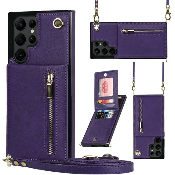 Wallet Case for Samsung Galaxy S23 Ultra, PU Lanyard Neck Strap Case with Kickstand Zipper Wallet Card Holder, Adjustable Detachable Necklace Phone Protective Back Cover, Purple