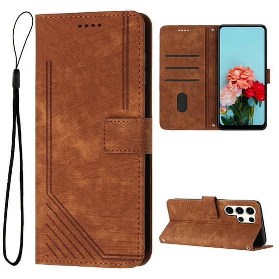 Wallet Case for Samsung Galaxy S23 Ultra, Premium PU Leather Flip Case Card Slots Holder, Luxury Kickstand Function Book Folding Folio Cover with Wrist Strap for Samsung Galaxy S23 Ultra, Brown