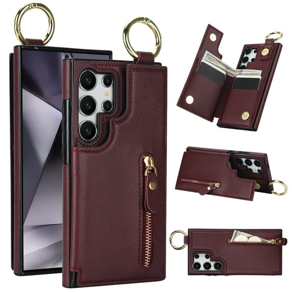 Wallet Case for Samsung Galaxy S23 Ultra, Premium Vintage PU Leather Magnetic Closure Handbag Zipper Pocket Case Kickstand Card Holder Slots with Ring Hook Shockproof Flip Cover, Jujube Red