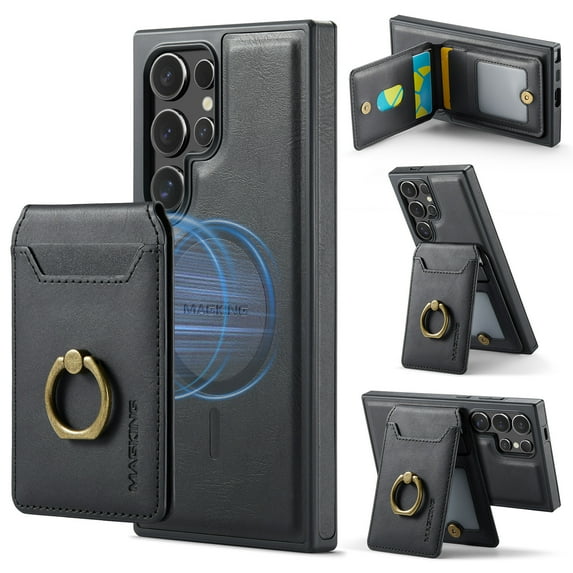 Wallet Case for Samsung Galaxy S23 Ultra,Ring Holder,Compatible with MagSafe Magnetic RFID Blocking Detachable Premium PU Leather Case with Card Slots Holder Kickstand Wireless Charging,Black