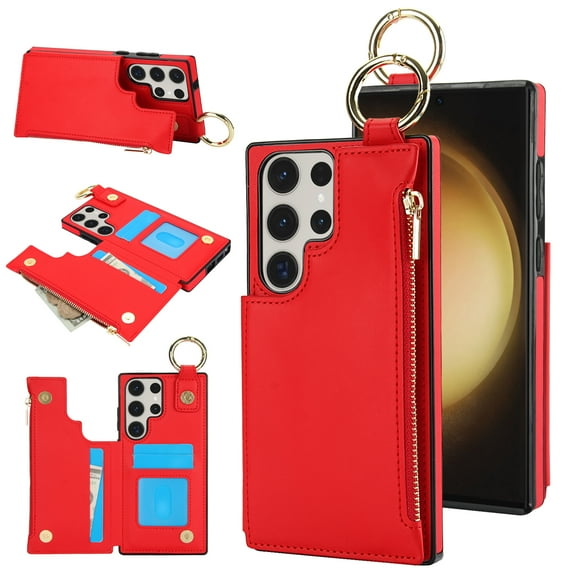 Wallet Case for Samsung Galaxy S23 Ultra with Shoulder Strap & RFID Blocking Card Slots Holder Kickstand & Finger Ring, Magnetic Flip Folio Zipper Purse Case, PU Leather Cover Handbag, Red