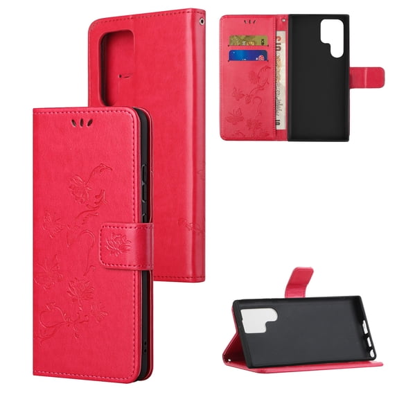 Wallet Case for Samsung Galaxy S23 Ultra, Stylish Flowers Embossed Pattern Premium PU Leather Flip Folio Cover with Card Slots Holder Magnetic Clasp Kickstand Soft TPU Anti-Drop Case,Rose