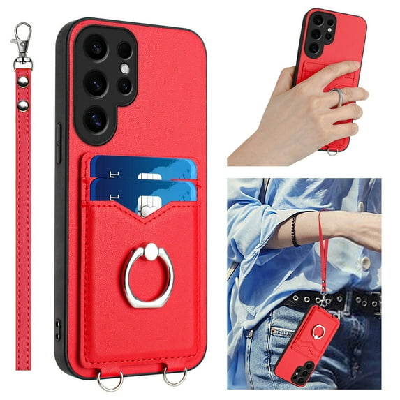 Wallet Case for Samsung Galaxy S23 Ultra, Stylish Ultra Slim PU Leather Card Slots Ring Stand Wrist Strap Shockproof Protective Thin Lightweight Back Case Cover for Samsung Galaxy S23 Ultra, Red