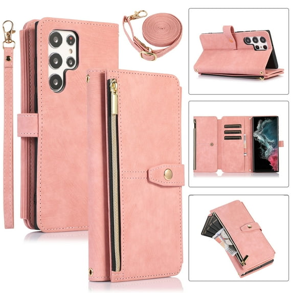 Wallet Case for Samsung Galaxy S23 Ultra with Zipper Pouch,Magnetic PU Leather Flip Folio Stand Card Slot with Hand Strap and Cross Body Strap Case Cover for Galaxy S23 Ultra, Pink