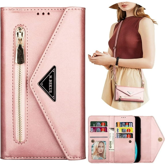 Wallet Case for Samsung Galaxy S23 for Women, Faux Leather Shoulder Crossbody Purse Handbag Neck Strap Lanyard Cover with ID Card Holder Phone Case for Samsung Galaxy S23 XK Rose Gold