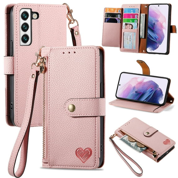Wallet Case for Samsung Galaxy S23 Women Men, Durable PU Leather Magnetic Flip Lanyard Strap Wristlet Zipper Card Holder Kickstand Wallet Phone Case Cover Full Body Protection, Pink