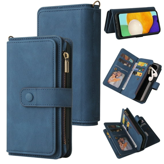 Wallet Case for Samsung Galaxy S24, [15 Card Slots] [Zipper Pocket] Vintage PU Leather Folio Cover with [Wrist Strap] Skin-Feeling Flip Kickstand Case for Samsung Galaxy S24, Blue