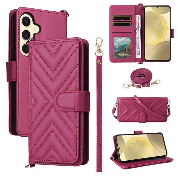 Wallet Case for Samsung Galaxy S24 with Card Holder/Wrist Strap/Crossbody Strap/Magnetic Snap/Kickstand PU Leather Shockproof Full Body Protective Rugged Phone Cover for Galaxy S24, Rose