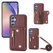 Wallet Case for Samsung Galaxy S24, Classic Lychee Texture PU Leather Purse Case with Accordion Card Slots, Protective Crossbody Flip Cover with Zipper Shoulder Strap Lanyard, Winered