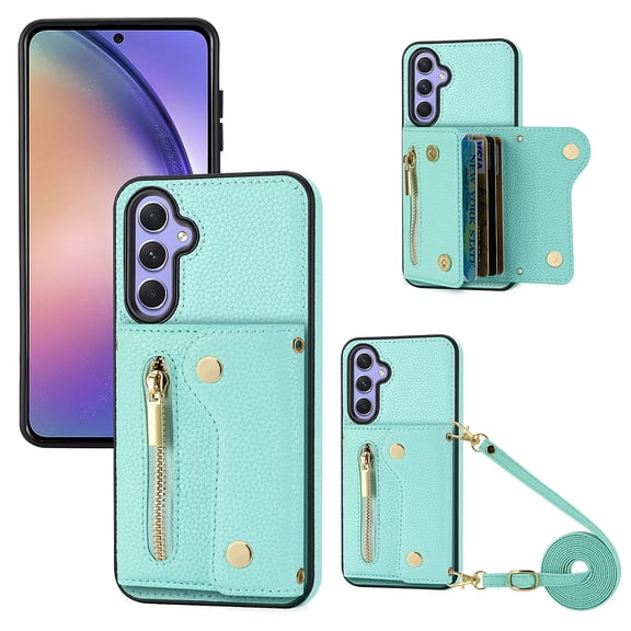Wallet Case for Samsung Galaxy S24, Classic Lychee Texture PU Leather Purse Case with Accordion Card Slots, Protective Crossbody Flip Cover with Zipper Shoulder Strap Lanyard, Cyan