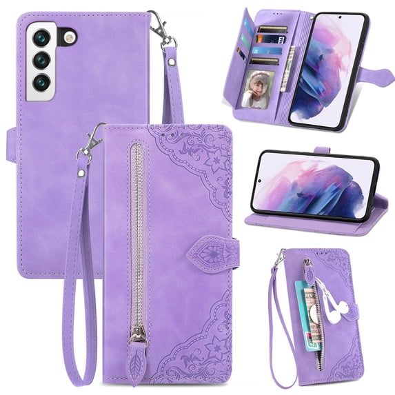 Wallet Case For Samsung Galaxy S24,Decase Elegant Style Embossed Flower Pattern PU Leather Premium Designed Phone Covers Flip Strap Zipper Card Holder Case with Wristband Strap,Purple