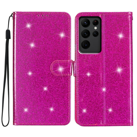 Wallet Case for Samsung Galaxy S24,Decase Women Girls Case with Card Holder Kickstand & Wrist Strap Luxury Bling Glitter PU Leather Flip Card Phone Cover for Galaxy S24,Rose