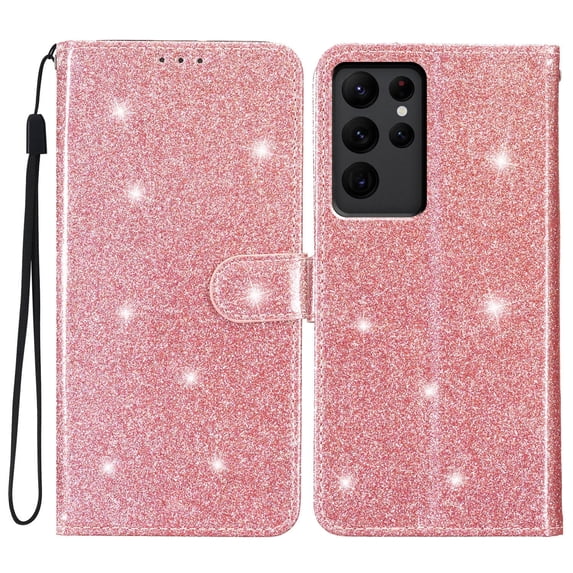 Wallet Case for Samsung Galaxy S24,Decase Women Girls Case with Card Holder Kickstand & Wrist Strap Luxury Bling Glitter PU Leather Flip Card Phone Cover for Galaxy S24,Rosegold