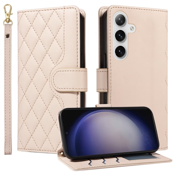 Wallet Case for Samsung Galaxy S24 with Detachable Wrist Strap & Shoulder Strap, Card Slots Folio Purse Luxury PU Leather Stand Accessories Cell Phone Cover for S24 Women Men, Beige
