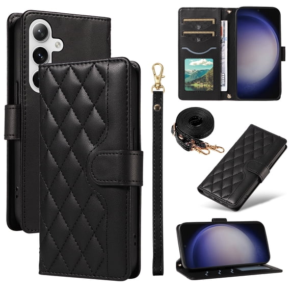 Wallet Case for Samsung Galaxy S24 with Detachable Wrist Strap & Shoulder Strap, Card Slots Folio Purse Luxury PU Leather Stand Accessories Cell Phone Cover for S24 Women Men, Black