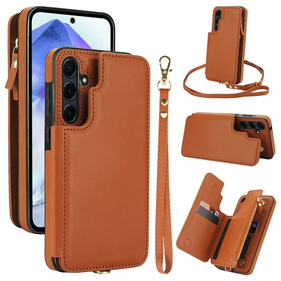 Wallet Case for Samsung Galaxy S24 FE, with Crossbody Shoulder Strap & Hand Wrist Cards Holder Zipper Pocket Stand Feature Full Protective Shockpoof Phone Case for Samsung Galaxy S24 FE, Brown