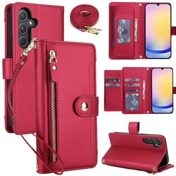 Wallet Case for Samsung Galaxy S24 FE, PU Leather TPU Flip Cover with RFID Blocking Card Slots Zipper Pocket Cash Pocket Kickstand Wrist & Shoulder Strap Magnetic Clasp, Red