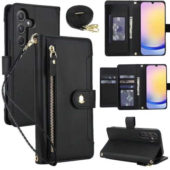 Wallet Case for Samsung Galaxy S24 FE, PU Leather TPU Flip Cover with RFID Blocking Card Slots Zipper Pocket Cash Pocket Kickstand Wrist & Shoulder Strap Magnetic Clasp, Black