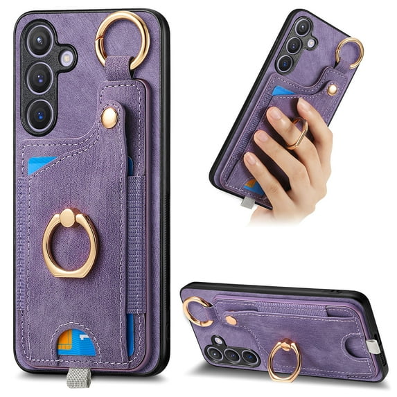 Wallet Case for Samsung Galaxy S24 FE, Support Car Mount, Luxury PU Leather Shockproof Anti-Fall 360° Finger Ring Stand Rotatable Kickstand Case with Magnetic Snap & Card Slots, Purple