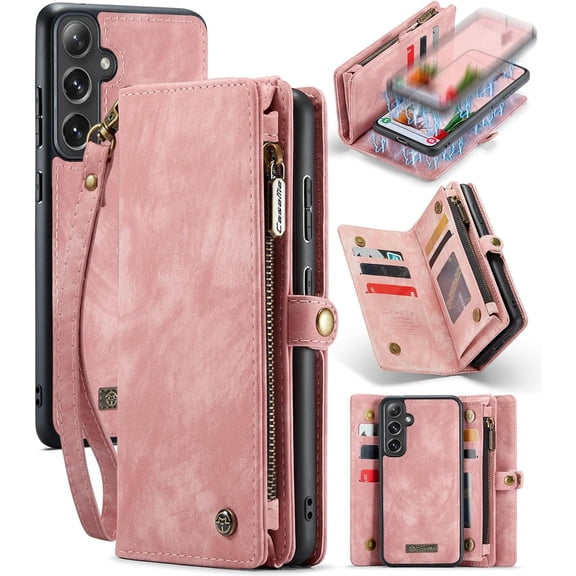 Wallet Case for Samsung Galaxy S24 FE, Zipper Purse Folio Leather Wallet with Card Holder Wrist Strap Detachable Magnetic Shockproof Protective Back Case for Samsung Galaxy S24 FE 5G