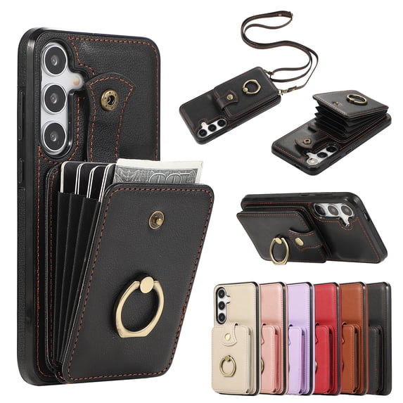 Wallet Case for Samsung Galaxy S24+, Kickstand Ring Holder Premium PU Leather Case with Crossbody Strap,Card Holder Slot Money Pocket 360°Rotation Metal Ring Grip Kickstand Cover,Black