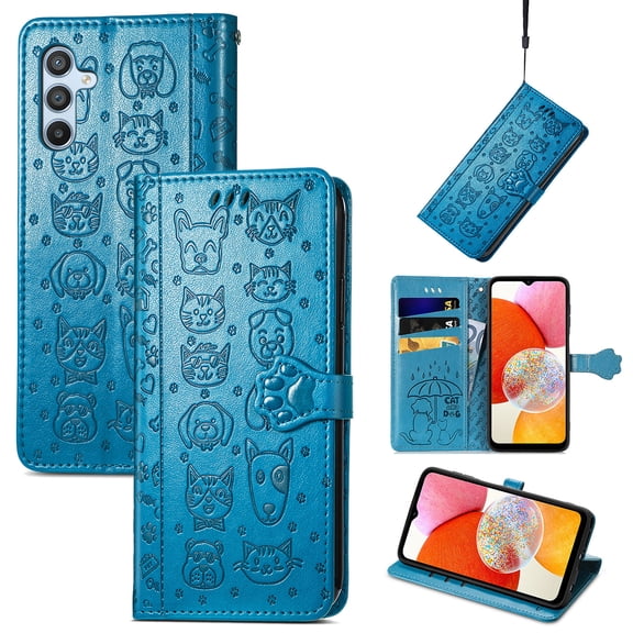 Wallet Case for Samsung Galaxy S24, Lovely Cute Cat Embossed Pattern Cartoon PU Leather Flip Folio Cover with Card Slots Cash Holder Kickstand Magnetic Secure Clasp Shockproof Case, Blue