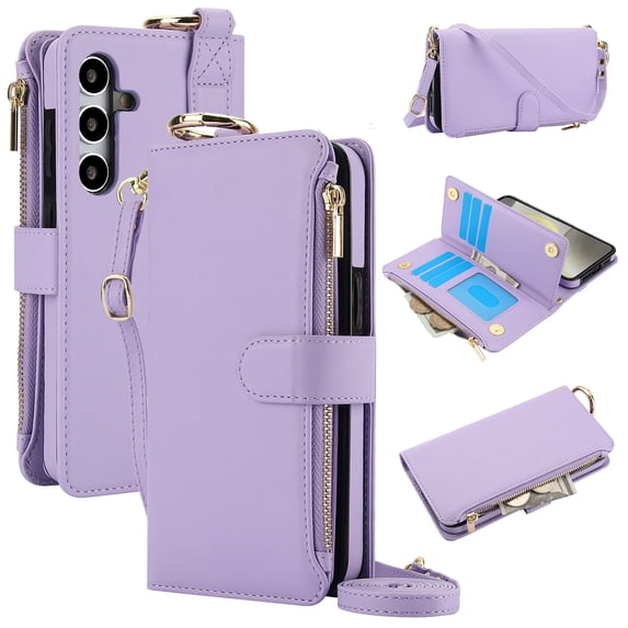 Wallet Case for Samsung Galaxy S24, PU Leather Flip Cover with RFID Blocking Card Slots Zipper Pocket, Hand Strap Kickstand Magnetic Clasp Finger Ring Detachable Crossbody Strap, Violet