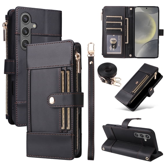 Wallet Case for Samsung Galaxy S24, PU Leather RFID Blocking Card Slots Zipper Pocket Magnetic Buckle Kickstand Shoulder Strap & Wrist Strap Rugged Phone Cover for Galaxy S24, Black