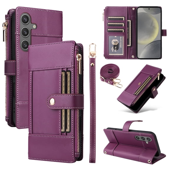 Wallet Case for Samsung Galaxy S24, PU Leather RFID Blocking Card Slots Zipper Pocket Magnetic Buckle Kickstand Shoulder Strap & Wrist Strap Rugged Phone Cover for Galaxy S24, Purple