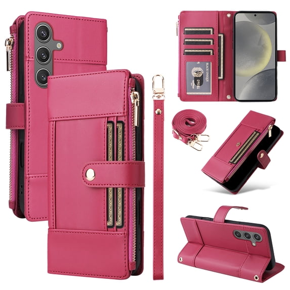 Wallet Case for Samsung Galaxy S24, PU Leather RFID Blocking Card Slots Zipper Pocket Magnetic Buckle Kickstand Shoulder Strap & Wrist Strap Rugged Phone Cover for Galaxy S24, Red