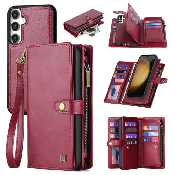Wallet Case for Samsung Galaxy S24+ Plus, 2 In 1 Detachable Magnetic Cover Multiple Cards Slots Zipper Pocket RFID Blocking Stand Hand Strap Protective Phone Case for Women Men, Red