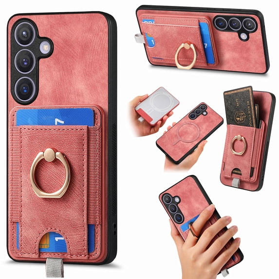 Wallet Case for Samsung Galaxy S24 Plus with Detachable Card Holder, Rotation Ring Stand Case, Magnetic Vintage PU Leather Cover Compatible with MagSafe Shockproof Case for Galaxy S24 Plus, Pink