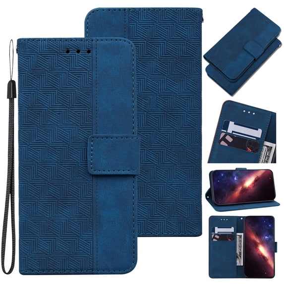 Wallet Case for Samsung Galaxy S24 Plus, Geometric Embossed Pattern Card Holder PU Leather Flip Folio Cover with Magnetic Clasp Kickstand Shockproof Case for Samsung Galaxy S24 Plus, Blue